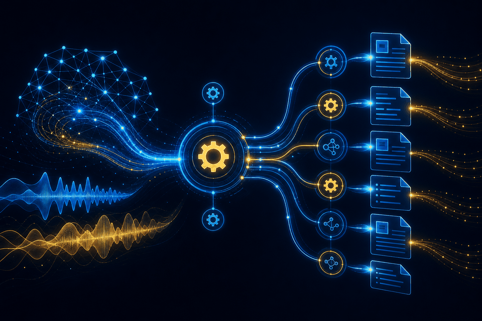 AI automation network with neural nodes, document pipelines, and orchestration flows