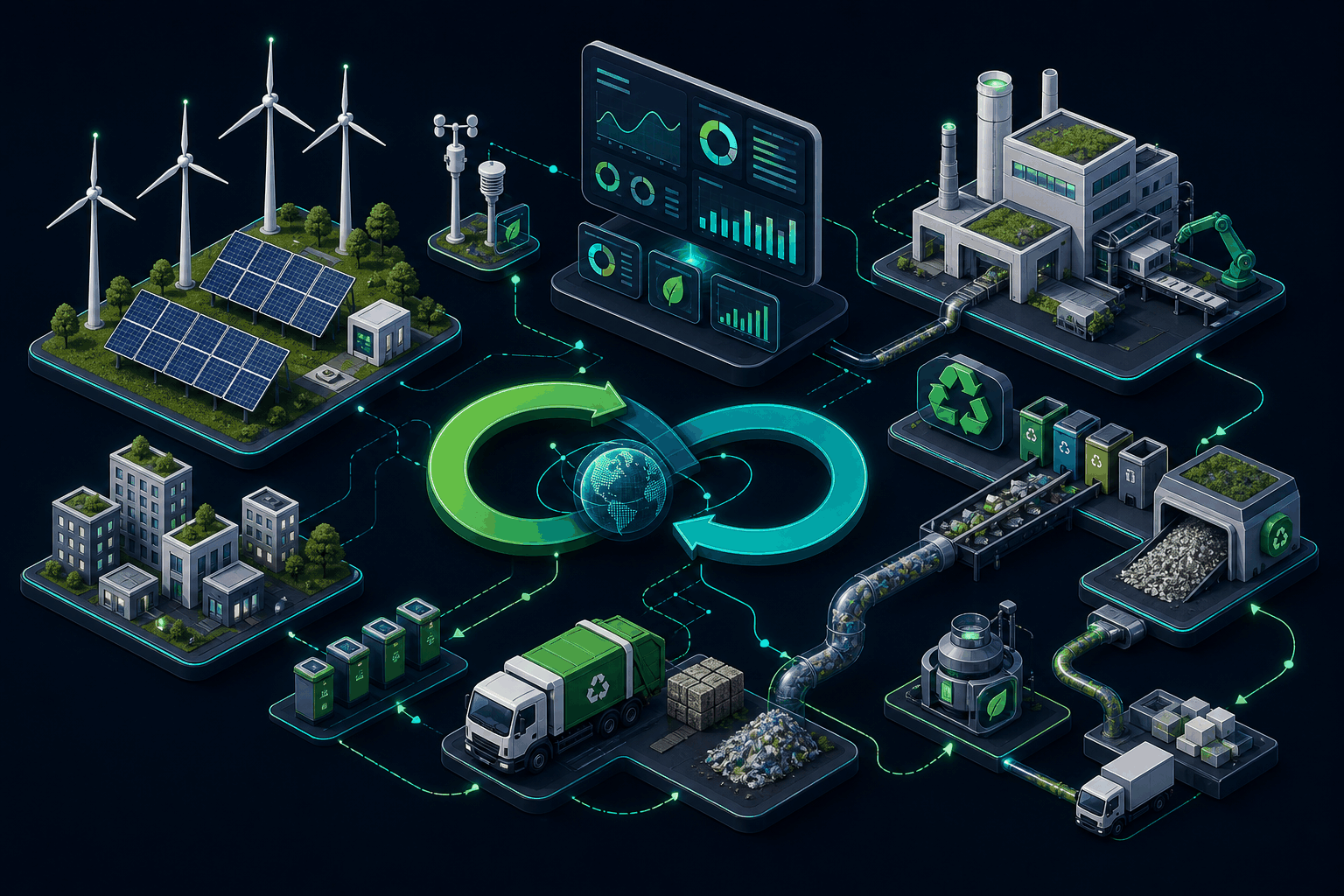 Cleantech software illustration showing renewable energy, circular economy loops, recycling and material recovery, environmental monitoring, and sustainability dashboards