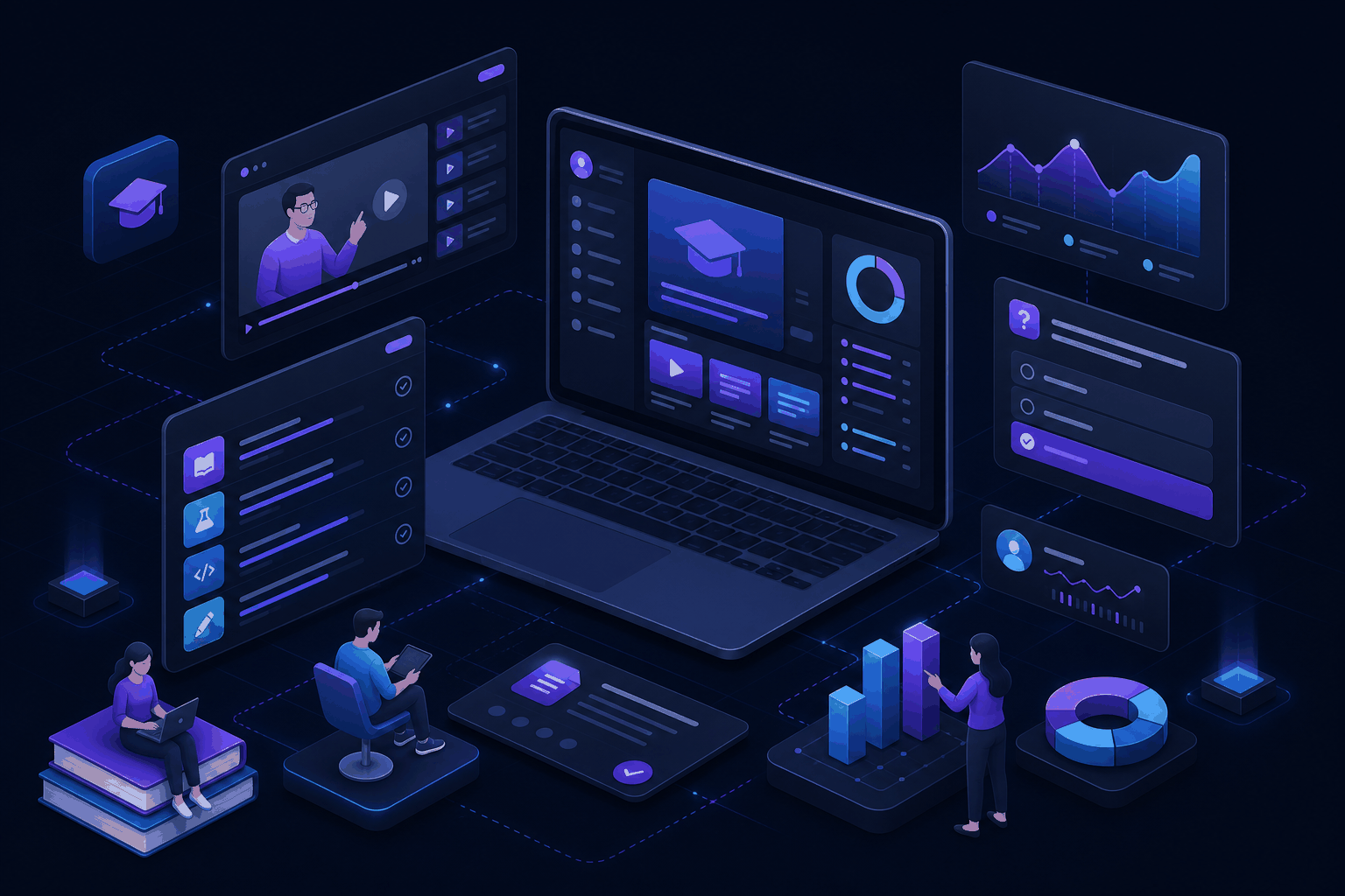 EdTech software illustration showing learning management platforms, online courses, and student progress dashboards