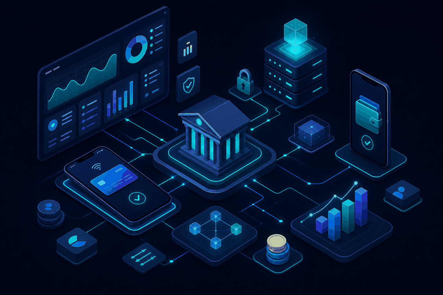 FinTech software illustration showing payment flows, banking dashboards, and secure transaction networks