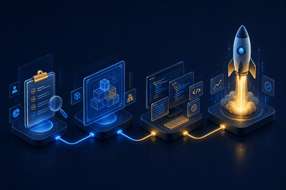 Four-stage software delivery pipeline from discovery and architecture to build and launch