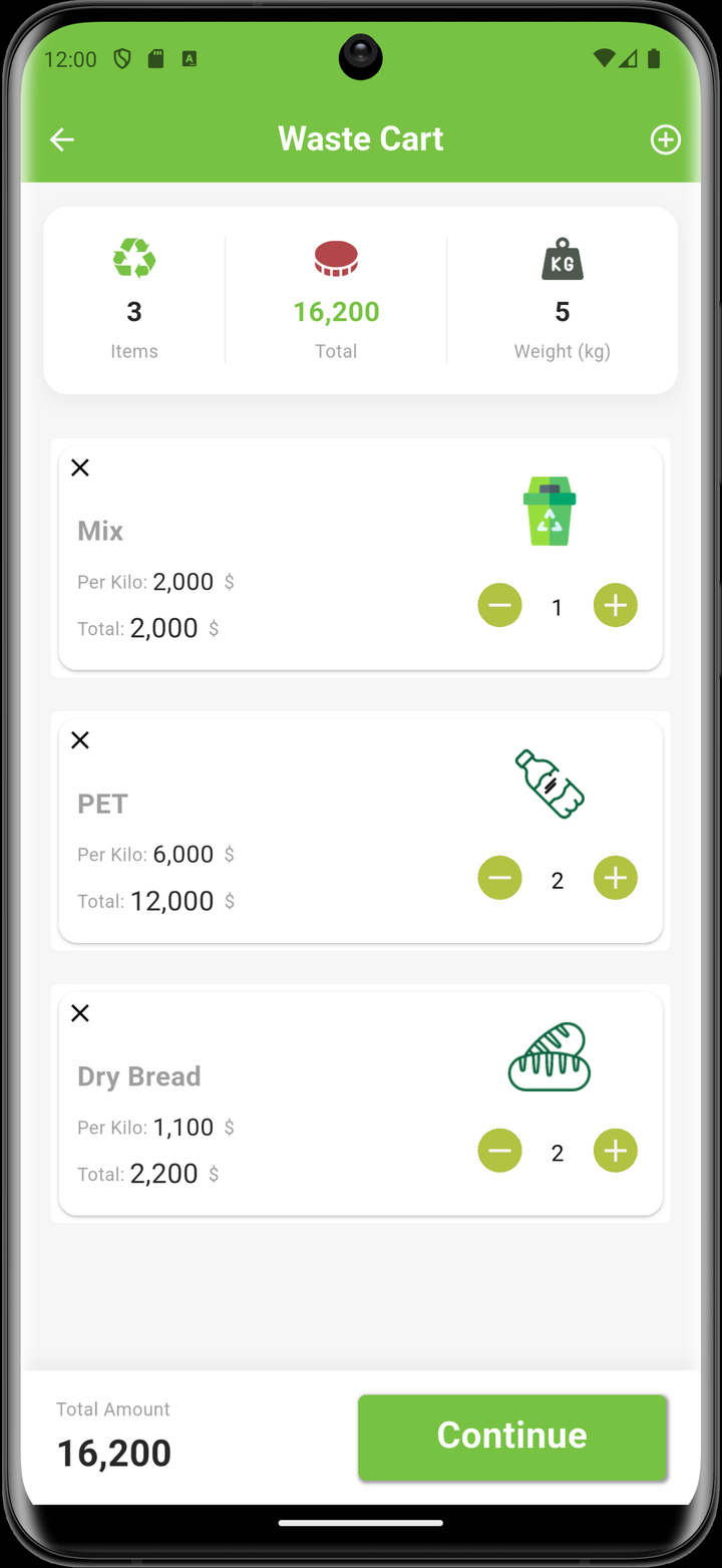 RecycleOrigin waste cart showing tokenized value for mixed, PET, and dry-bread recyclables