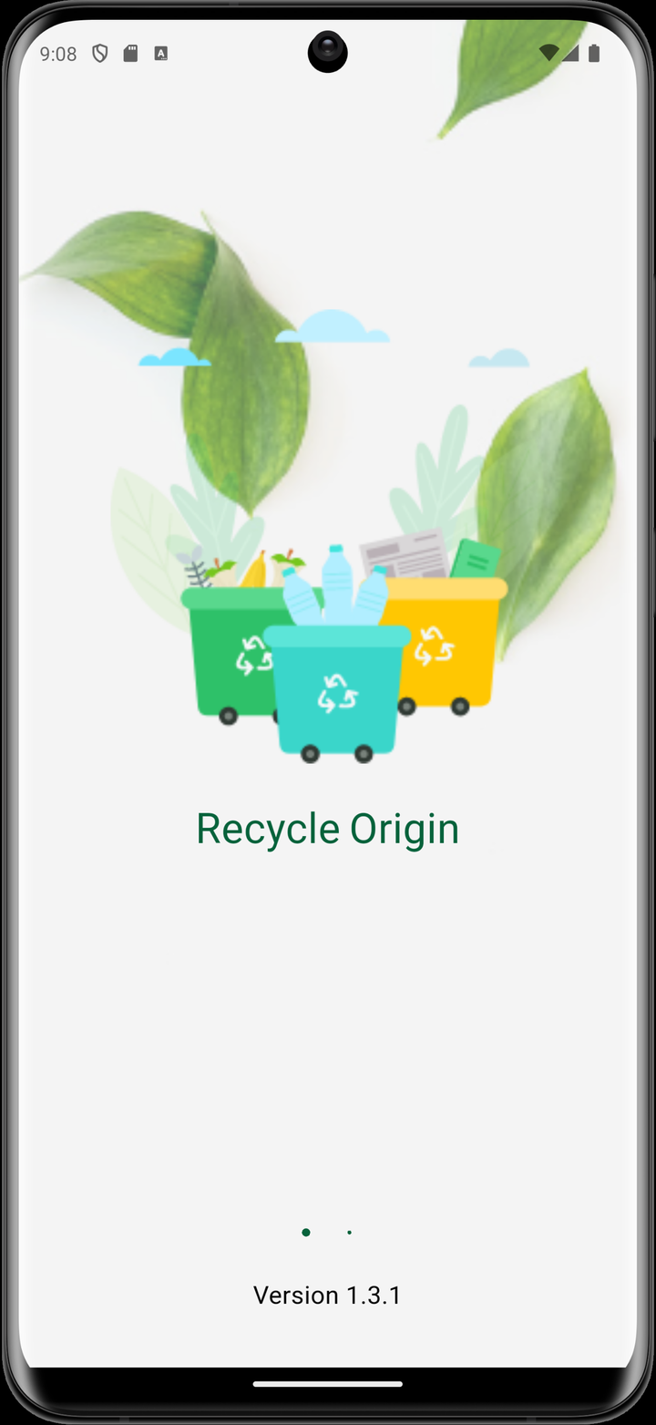 RecycleOrigin onboarding screen with color-sorted recycling bins
