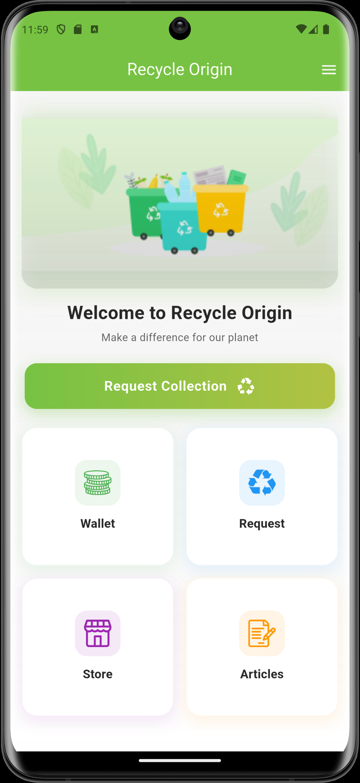 RecycleOrigin home screen with Request Collection, wallet, store, and articles
